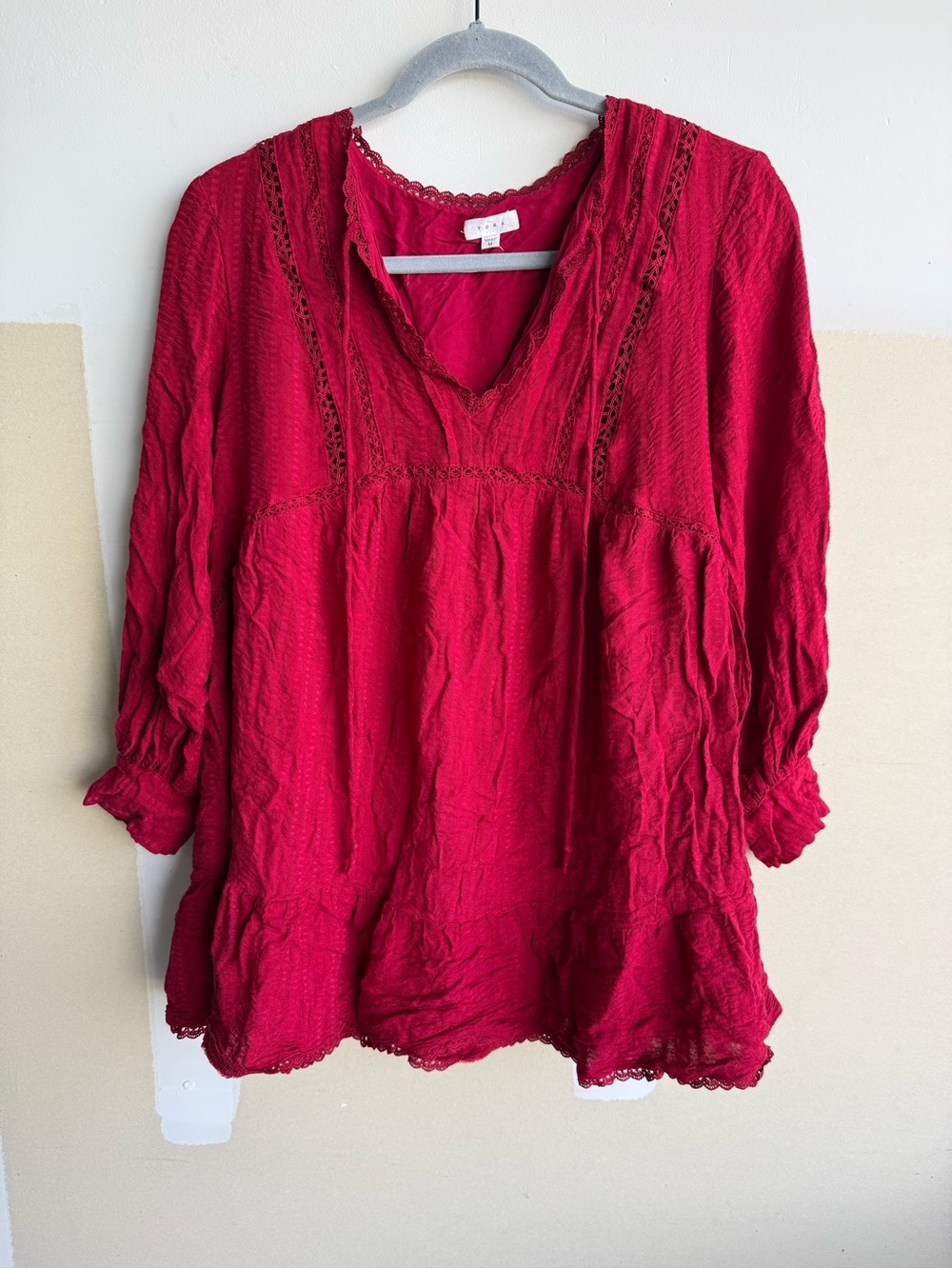 Women’s Long Sleeve Lace-Trim V-Neck Dress Tunic - Red